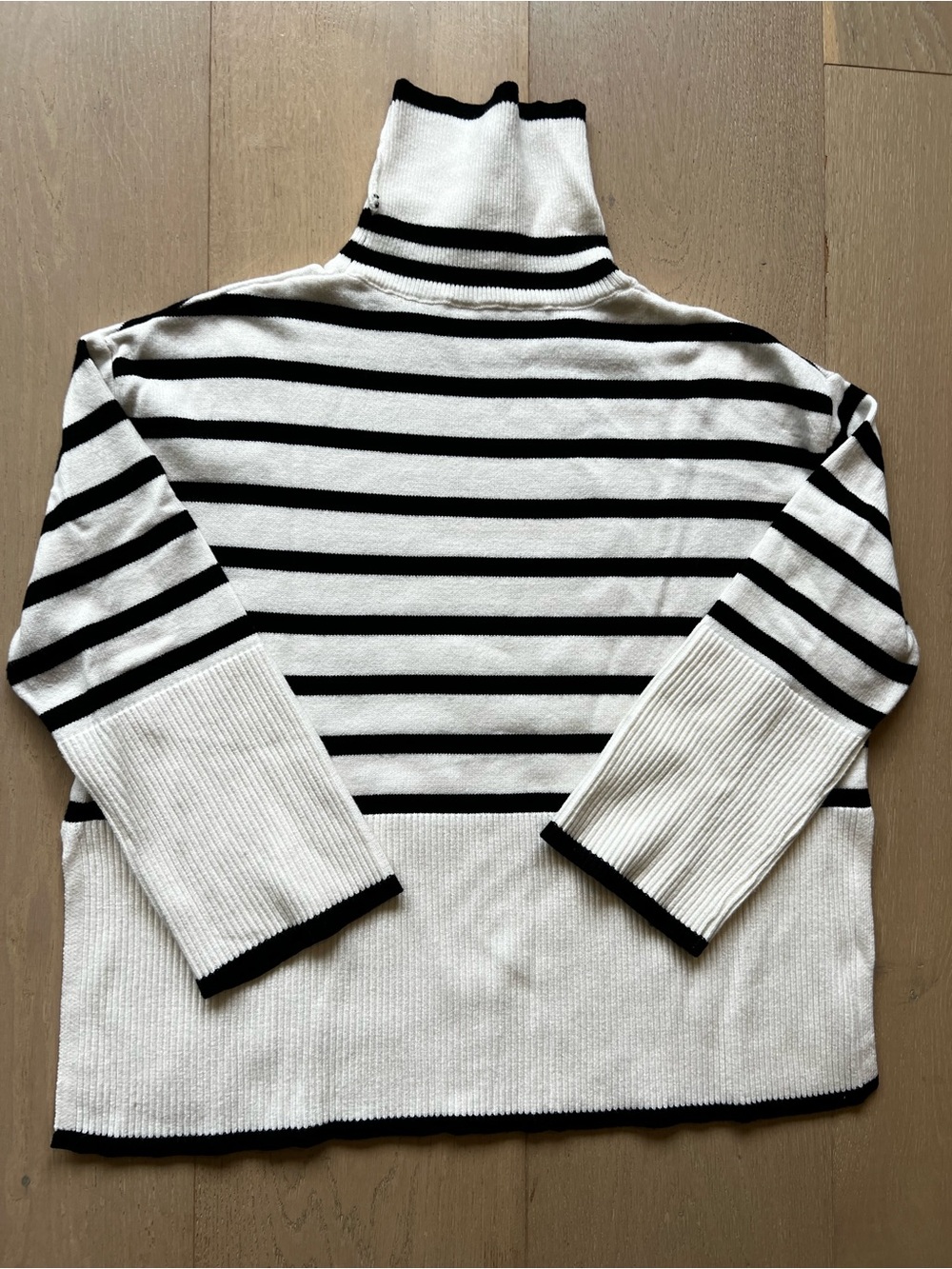 Oversized Black & White Striped Turtleneck Sweater Side Slit Boxy Knit